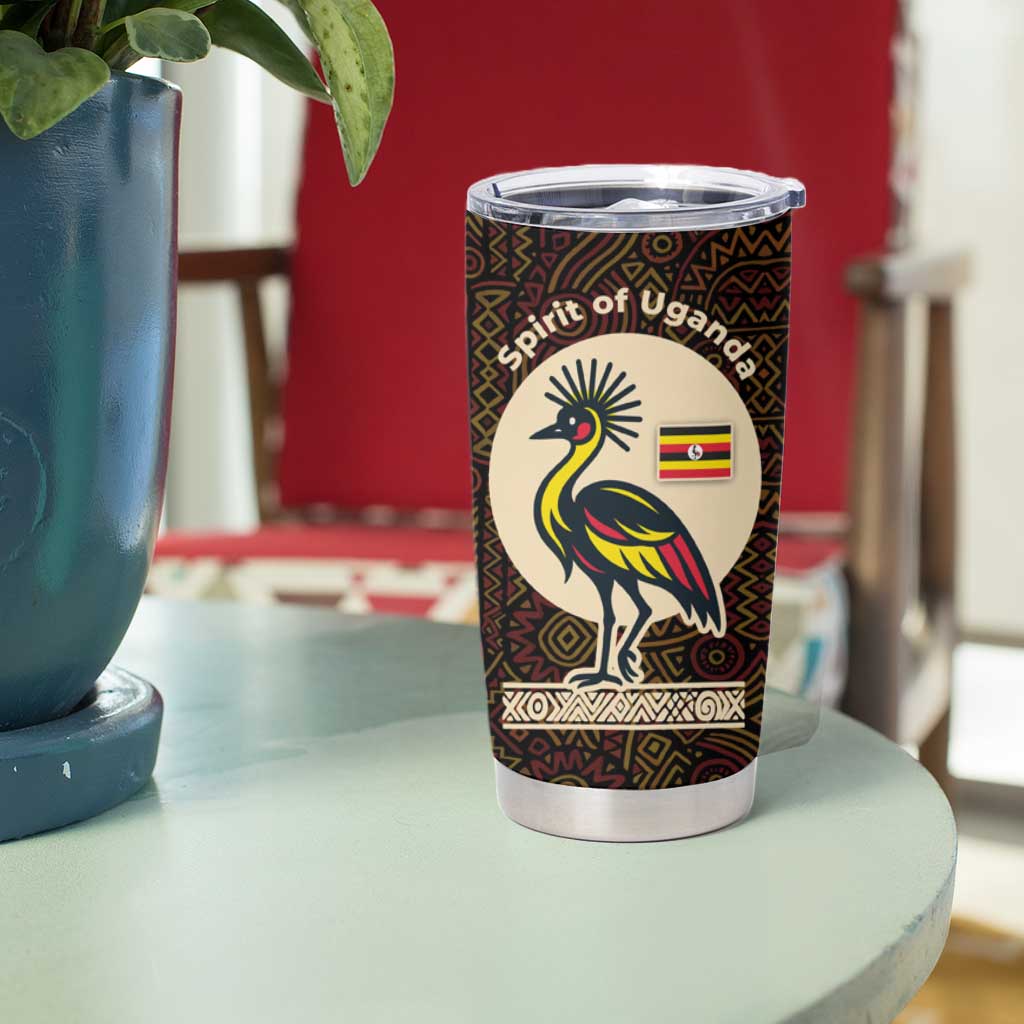 Uganda Tumbler Cup with Grey Crowned Crane and Tribal Pattern Spirit of Uganda Theme