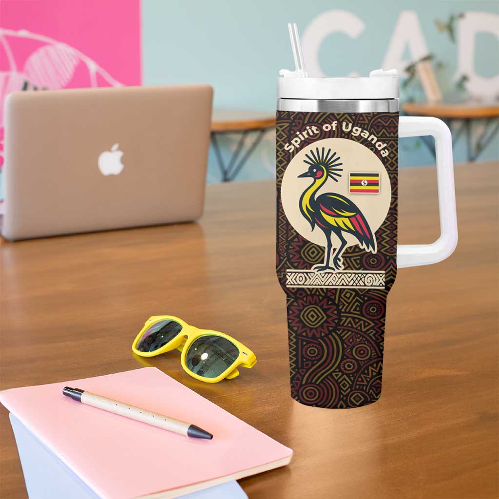 Uganda Tumbler With Handle with Grey Crowned Crane and Tribal Pattern Spirit of Uganda Theme