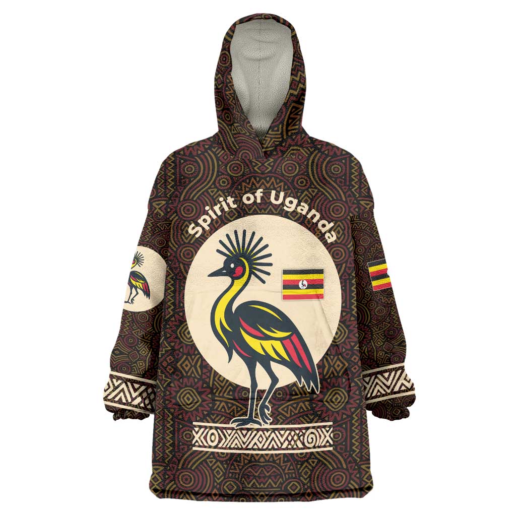 Uganda Wearable Blanket Hoodie with Grey Crowned Crane and Tribal Pattern Spirit of Uganda Theme