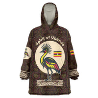 Uganda Wearable Blanket Hoodie with Grey Crowned Crane and Tribal Pattern Spirit of Uganda Theme
