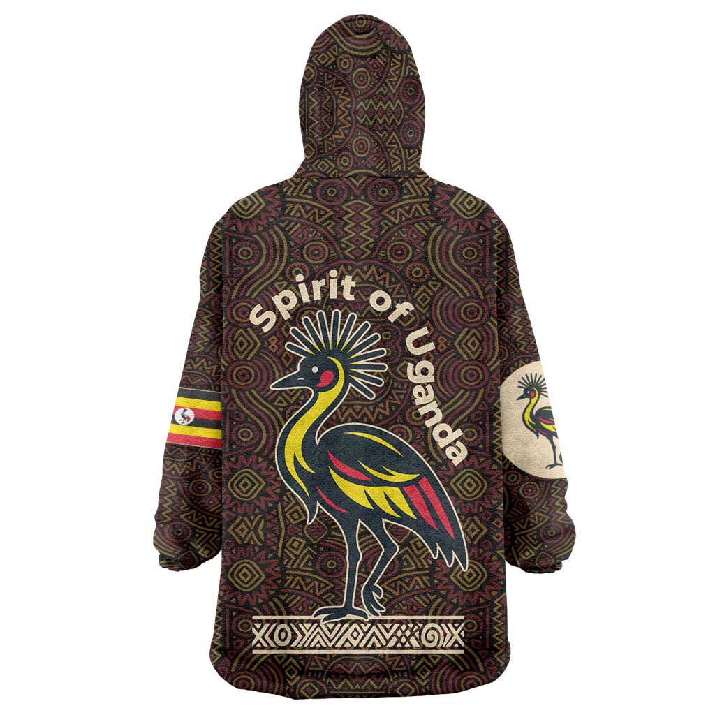 Uganda Wearable Blanket Hoodie with Grey Crowned Crane and Tribal Pattern Spirit of Uganda Theme