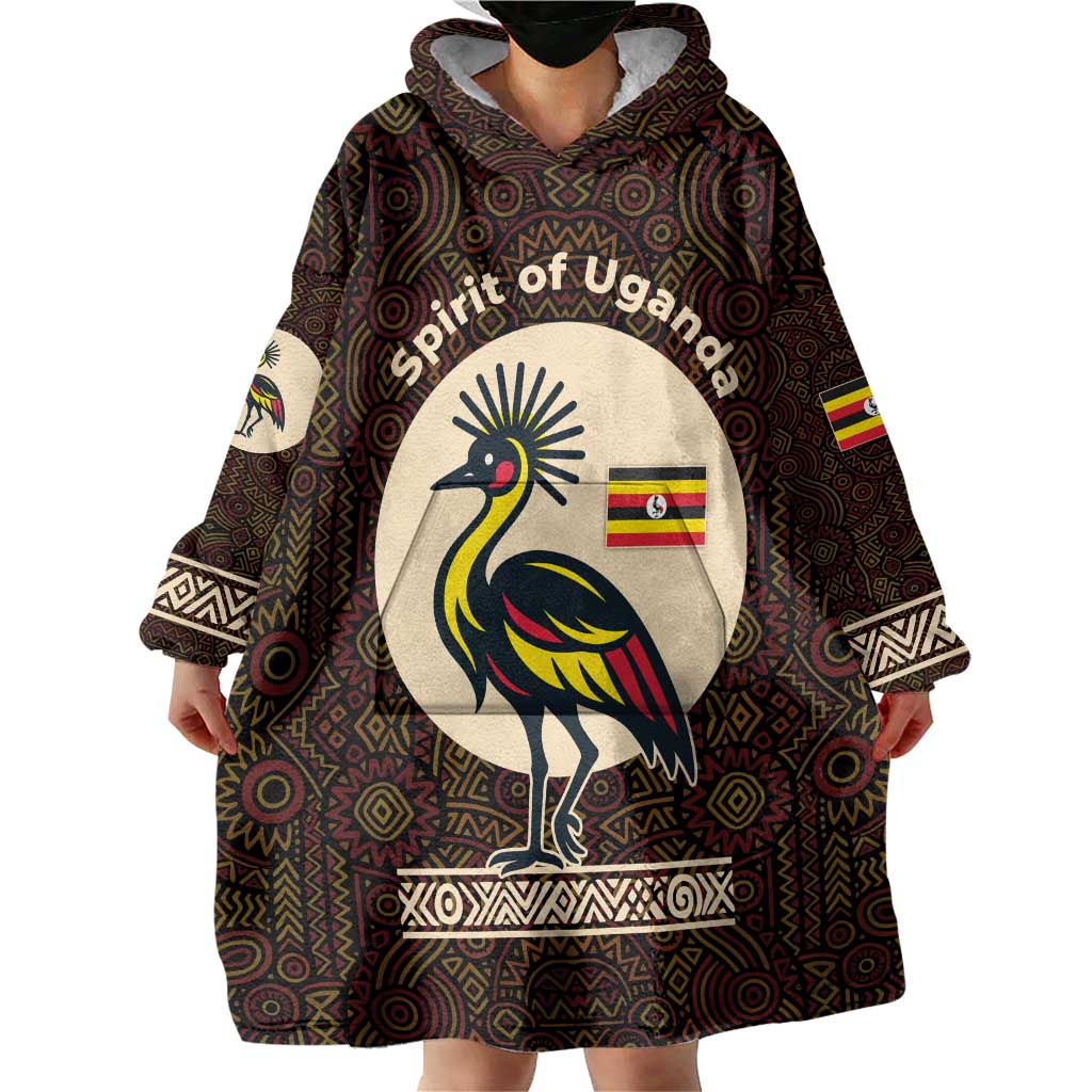 Uganda Wearable Blanket Hoodie with Grey Crowned Crane and Tribal Pattern Spirit of Uganda Theme