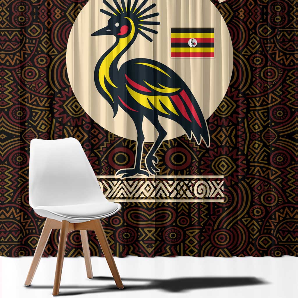 Uganda Window Curtain with Grey Crowned Crane and Tribal Pattern Spirit of Uganda Theme