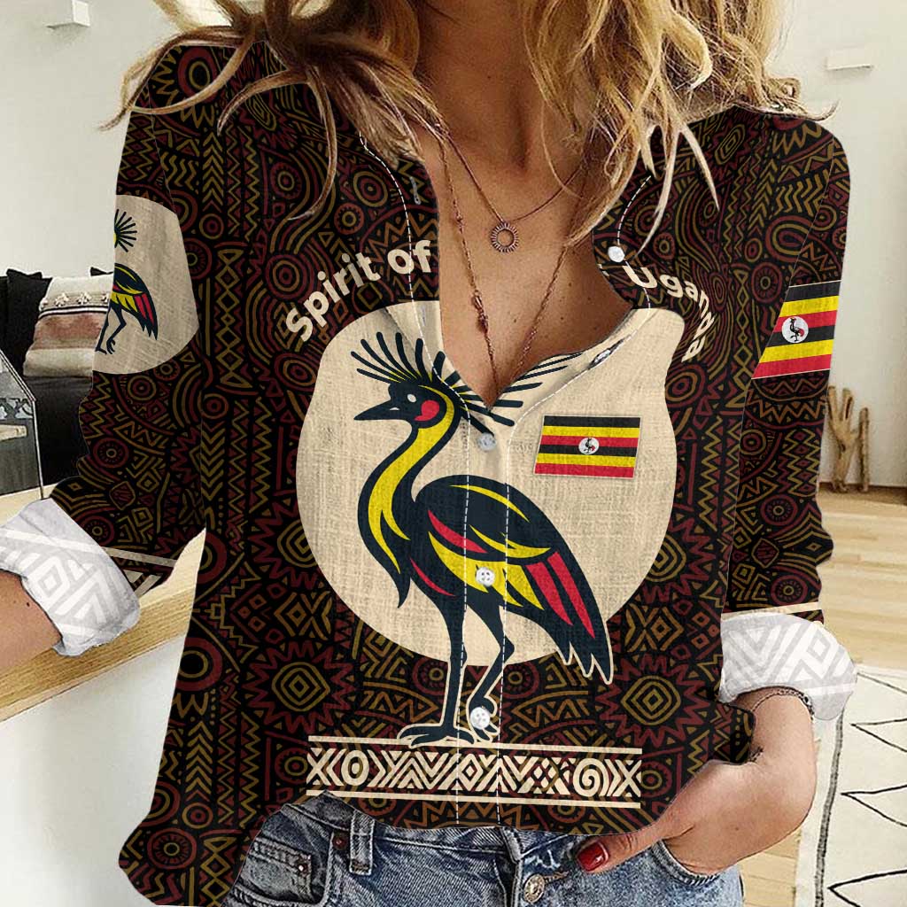 Uganda Women Casual Shirt with Grey Crowned Crane and Tribal Pattern Spirit of Uganda Theme