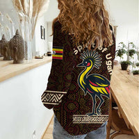 Uganda Women Casual Shirt with Grey Crowned Crane and Tribal Pattern Spirit of Uganda Theme