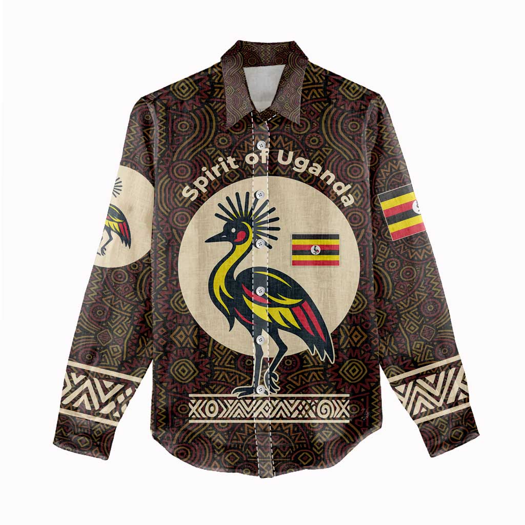 Uganda Women Casual Shirt with Grey Crowned Crane and Tribal Pattern Spirit of Uganda Theme