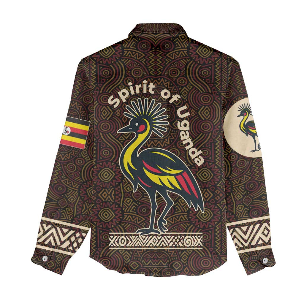 Uganda Women Casual Shirt with Grey Crowned Crane and Tribal Pattern Spirit of Uganda Theme