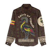 Uganda Women Casual Shirt with Grey Crowned Crane and Tribal Pattern Spirit of Uganda Theme