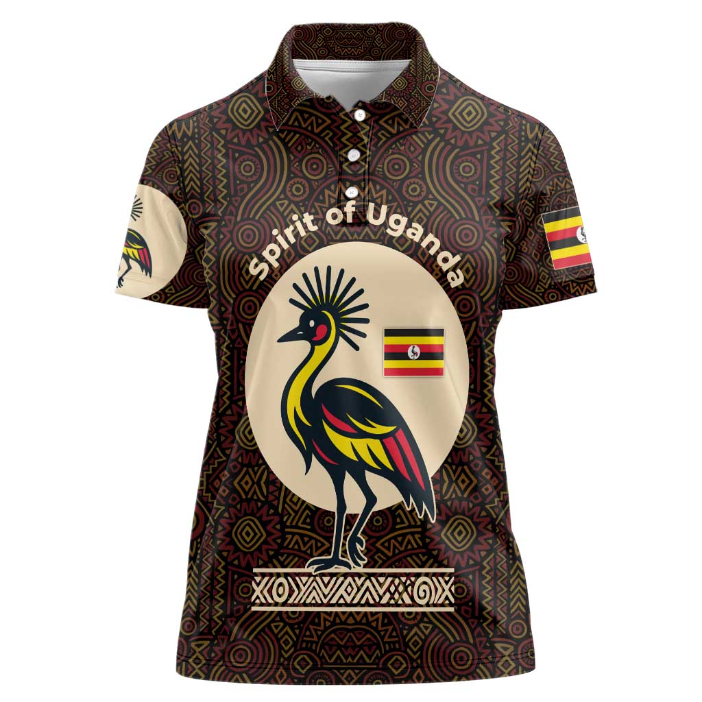 Uganda Women Polo Shirt with Grey Crowned Crane and Tribal Pattern Spirit of Uganda Theme