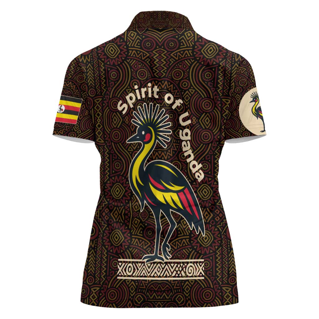 Uganda Women Polo Shirt with Grey Crowned Crane and Tribal Pattern Spirit of Uganda Theme