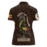 Uganda Women Polo Shirt with Grey Crowned Crane and Tribal Pattern Spirit of Uganda Theme
