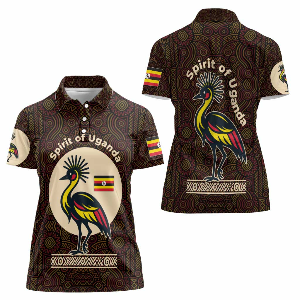 Uganda Women Polo Shirt with Grey Crowned Crane and Tribal Pattern Spirit of Uganda Theme
