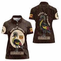 Uganda Women Polo Shirt with Grey Crowned Crane and Tribal Pattern Spirit of Uganda Theme