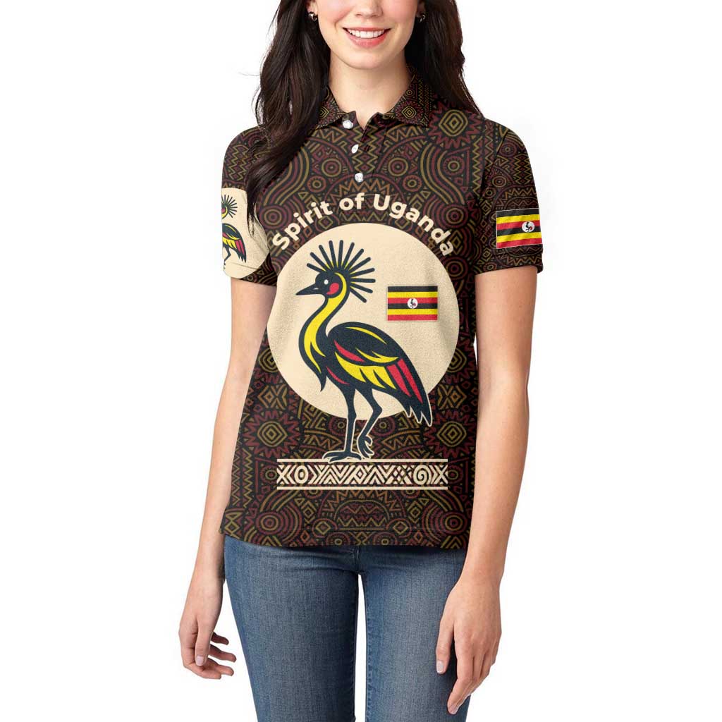Uganda Women Polo Shirt with Grey Crowned Crane and Tribal Pattern Spirit of Uganda Theme