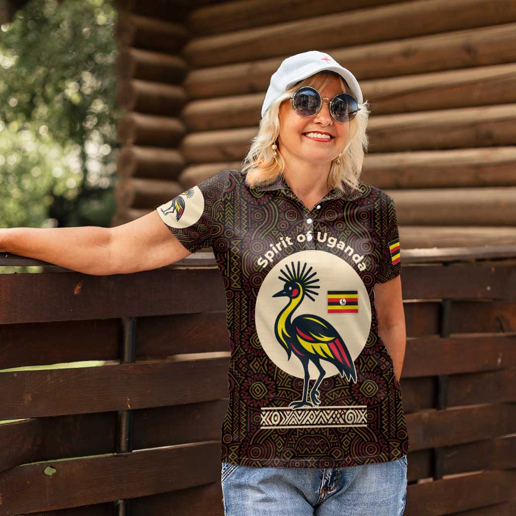 Uganda Women Polo Shirt with Grey Crowned Crane and Tribal Pattern Spirit of Uganda Theme