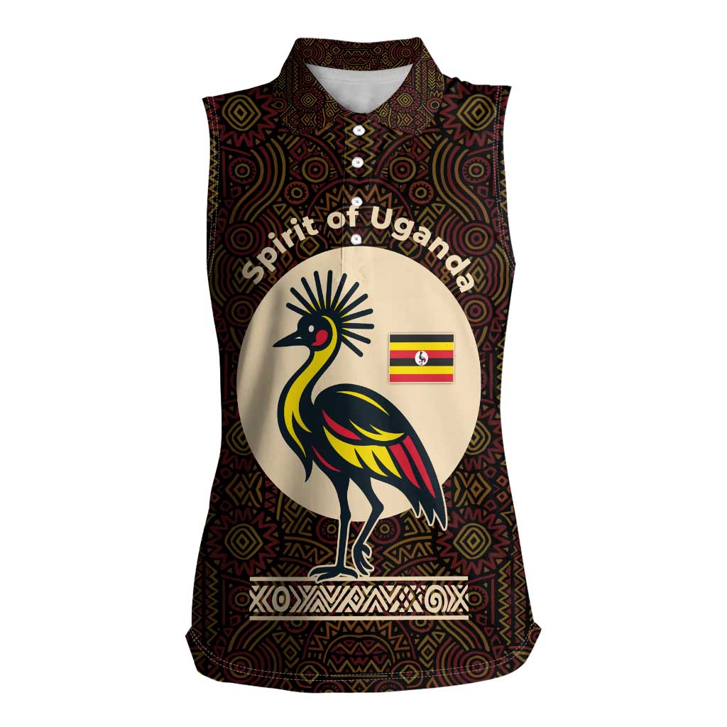 Uganda Women Sleeveless Polo Shirt with Grey Crowned Crane and Tribal Pattern Spirit of Uganda Theme