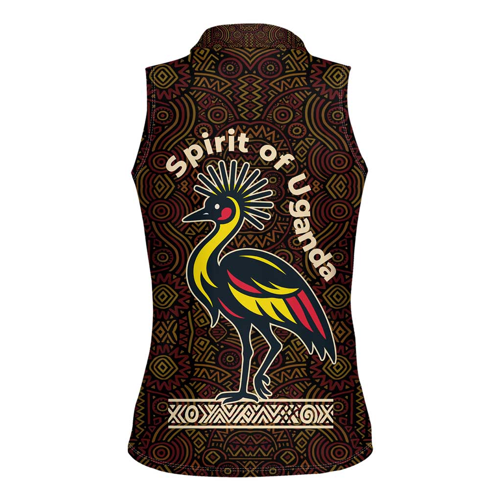 Uganda Women Sleeveless Polo Shirt with Grey Crowned Crane and Tribal Pattern Spirit of Uganda Theme