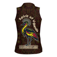 Uganda Women Sleeveless Polo Shirt with Grey Crowned Crane and Tribal Pattern Spirit of Uganda Theme