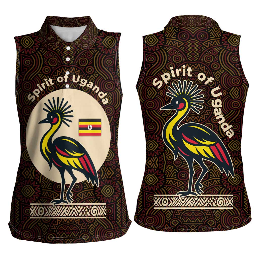 Uganda Women Sleeveless Polo Shirt with Grey Crowned Crane and Tribal Pattern Spirit of Uganda Theme