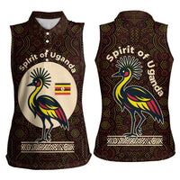 Uganda Women Sleeveless Polo Shirt with Grey Crowned Crane and Tribal Pattern Spirit of Uganda Theme