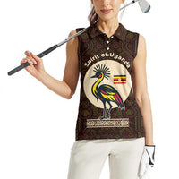 Uganda Women Sleeveless Polo Shirt with Grey Crowned Crane and Tribal Pattern Spirit of Uganda Theme