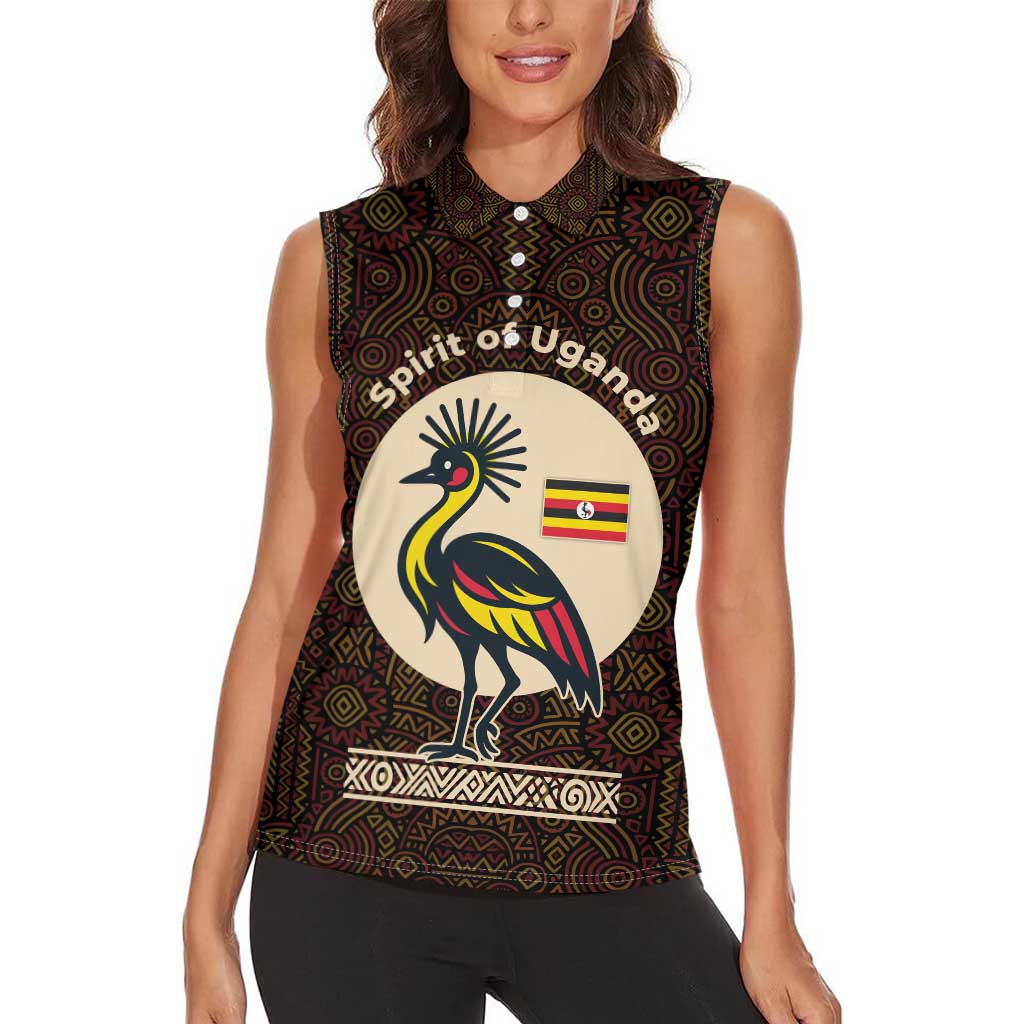 Uganda Women Sleeveless Polo Shirt with Grey Crowned Crane and Tribal Pattern Spirit of Uganda Theme