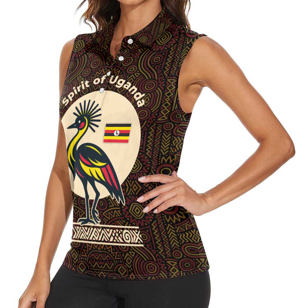 Uganda Women Sleeveless Polo Shirt with Grey Crowned Crane and Tribal Pattern Spirit of Uganda Theme