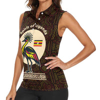 Uganda Women Sleeveless Polo Shirt with Grey Crowned Crane and Tribal Pattern Spirit of Uganda Theme