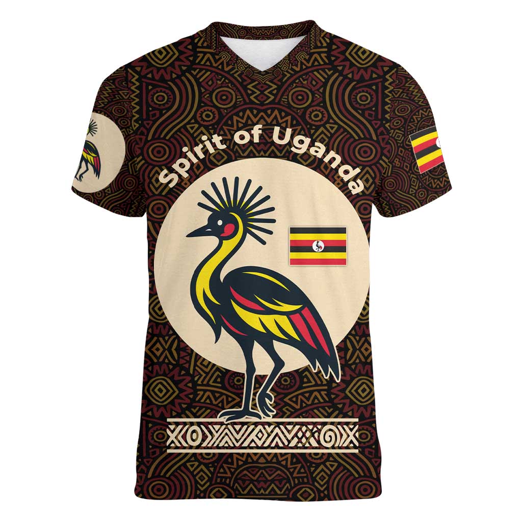Uganda Women V-Neck T-Shirt with Grey Crowned Crane and Tribal Pattern Spirit of Uganda Theme