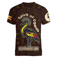 Uganda Women V-Neck T-Shirt with Grey Crowned Crane and Tribal Pattern Spirit of Uganda Theme
