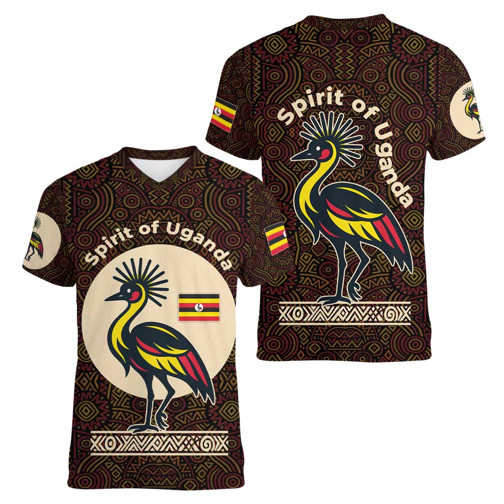 Uganda Women V-Neck T-Shirt with Grey Crowned Crane and Tribal Pattern Spirit of Uganda Theme