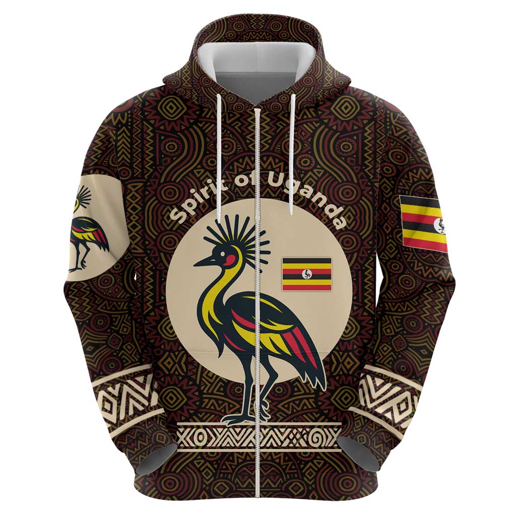 Uganda Zip Hoodie with Grey Crowned Crane and Tribal Pattern Spirit of Uganda Theme