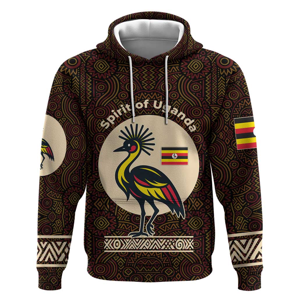 Uganda Zip Hoodie with Grey Crowned Crane and Tribal Pattern Spirit of Uganda Theme