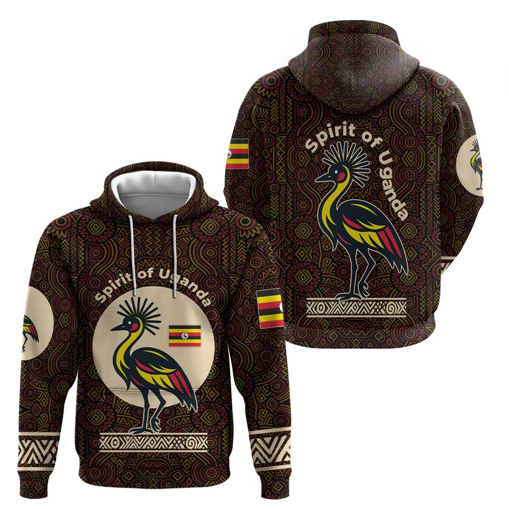 Uganda Zip Hoodie with Grey Crowned Crane and Tribal Pattern Spirit of Uganda Theme