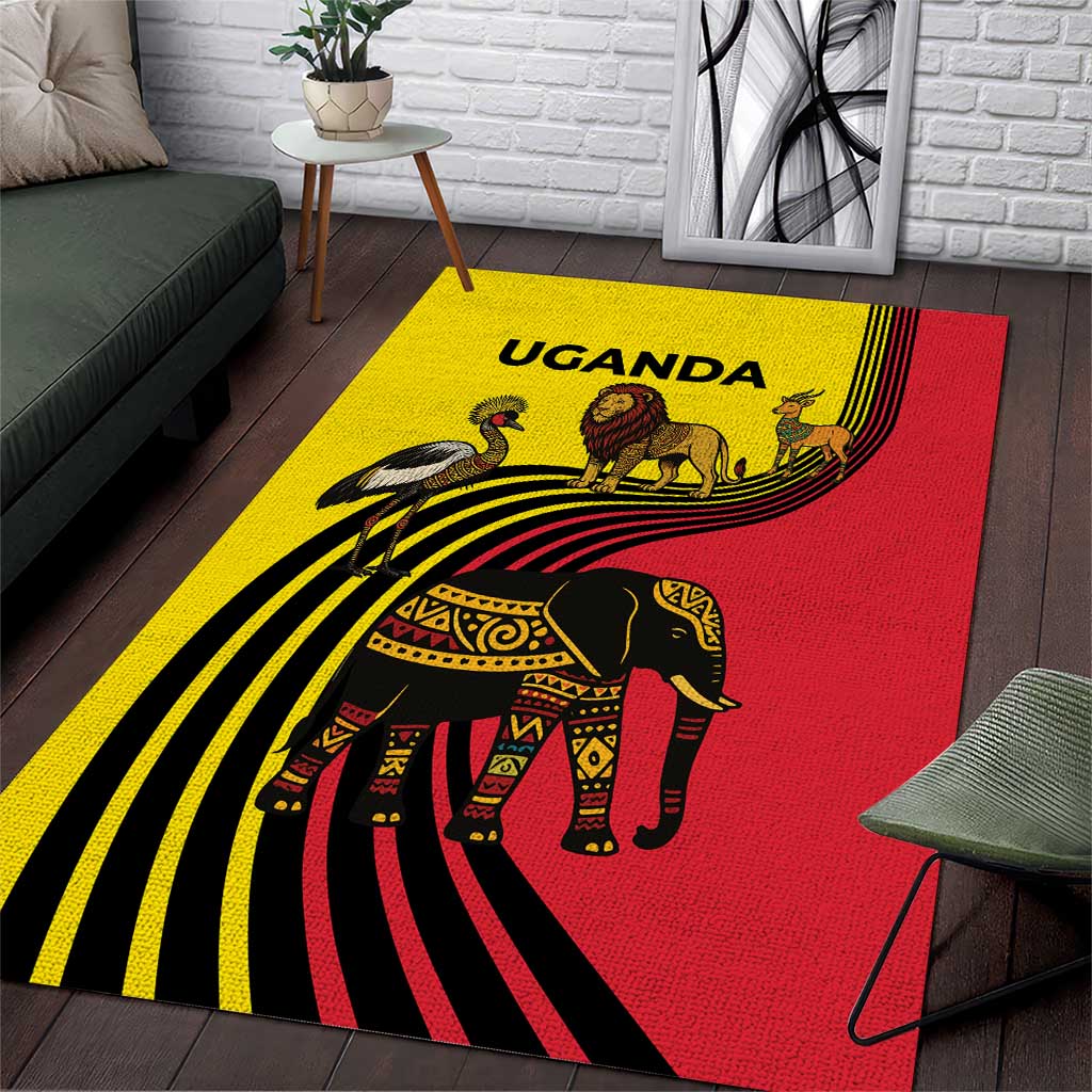 Uganda Area Rug with African Wildlife Elephant Lion and Crane in Tribal Pattern Design