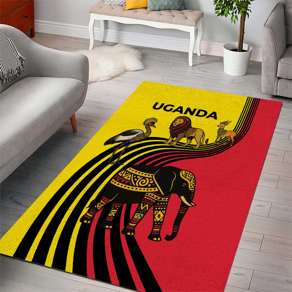 Uganda Area Rug with African Wildlife Elephant Lion and Crane in Tribal Pattern Design