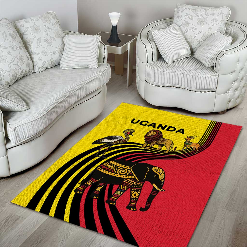 Uganda Area Rug with African Wildlife Elephant Lion and Crane in Tribal Pattern Design
