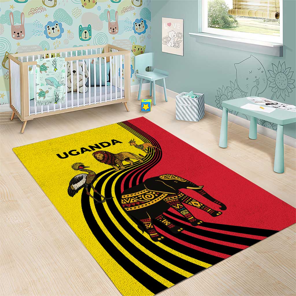 Uganda Area Rug with African Wildlife Elephant Lion and Crane in Tribal Pattern Design