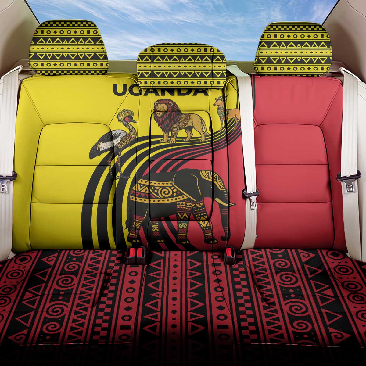 Uganda Back Car Seat Cover with African Wildlife Elephant Lion and Crane in Tribal Pattern Design