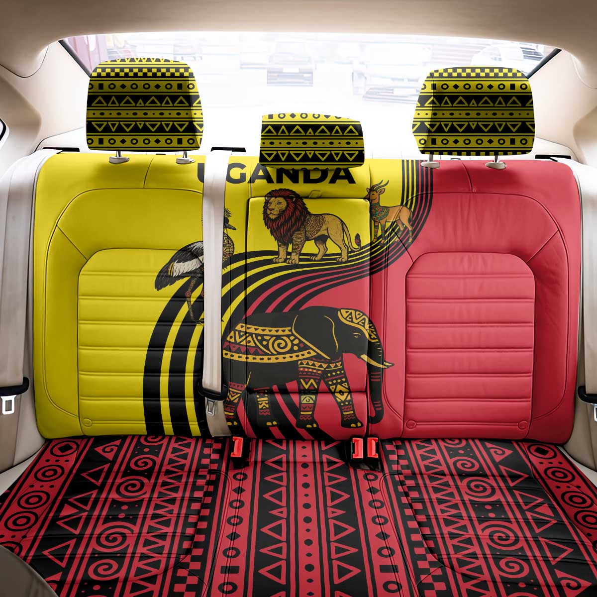 Uganda Back Car Seat Cover with African Wildlife Elephant Lion and Crane in Tribal Pattern Design
