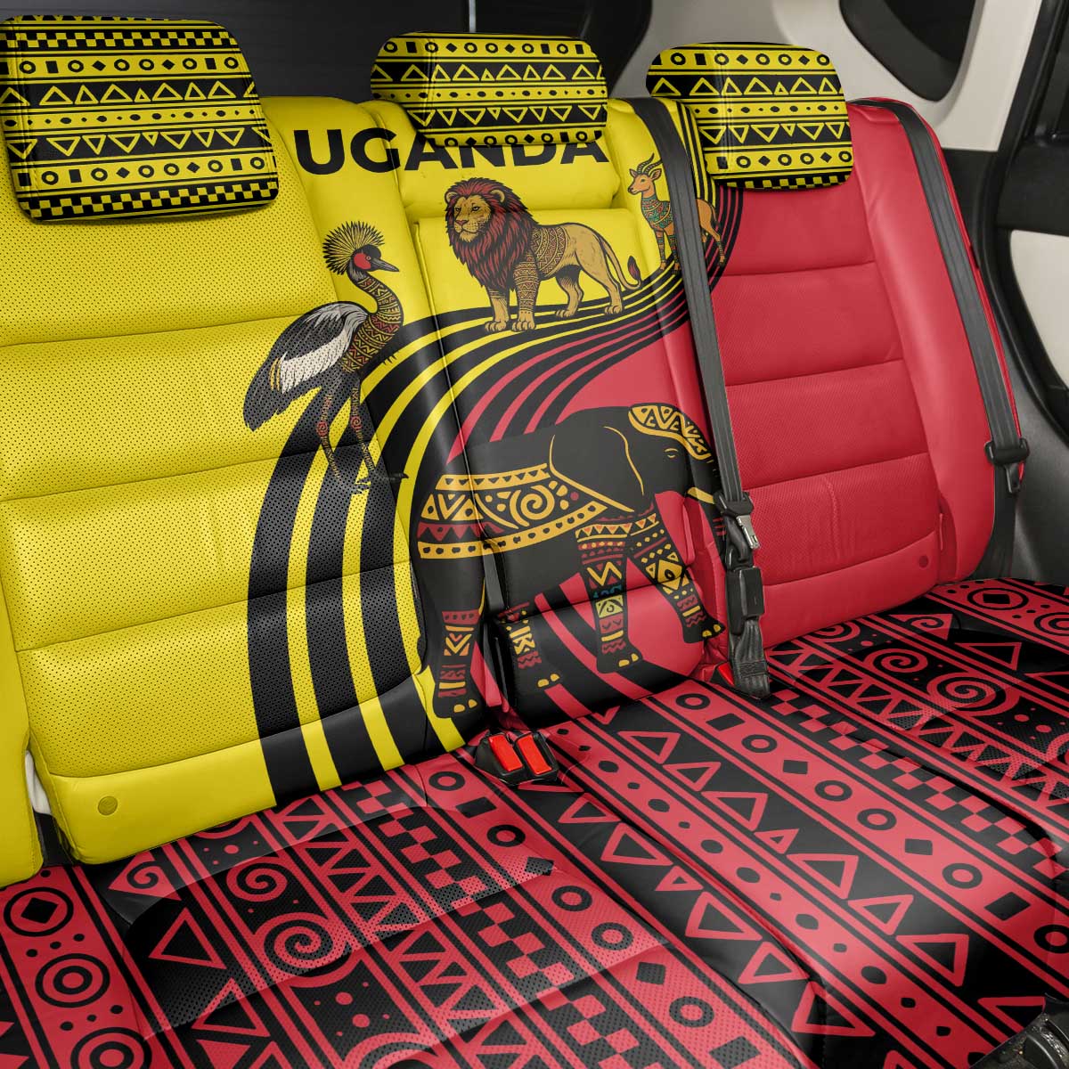 Uganda Back Car Seat Cover with African Wildlife Elephant Lion and Crane in Tribal Pattern Design