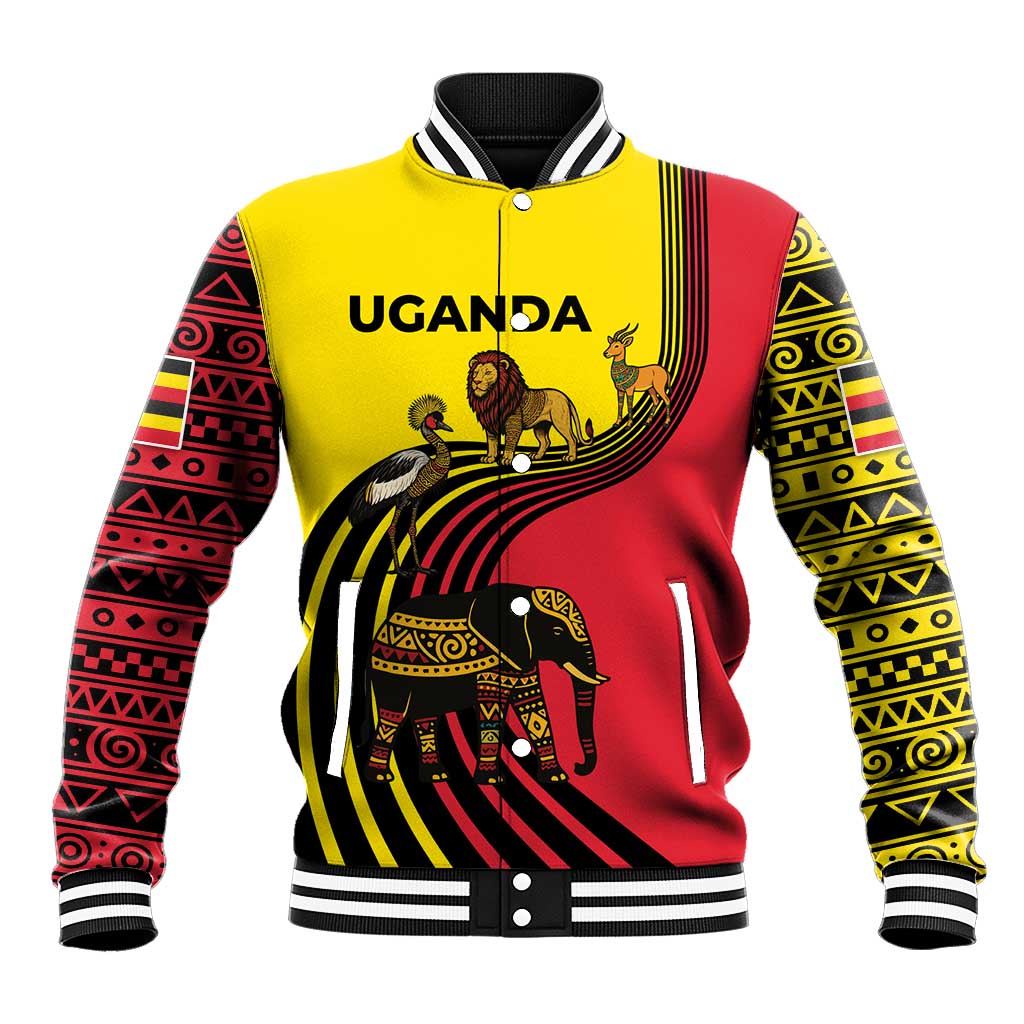 Uganda Baseball Jacket with African Wildlife Elephant Lion and Crane in Tribal Pattern Design