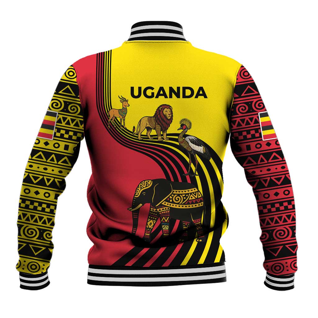 Uganda Baseball Jacket with African Wildlife Elephant Lion and Crane in Tribal Pattern Design