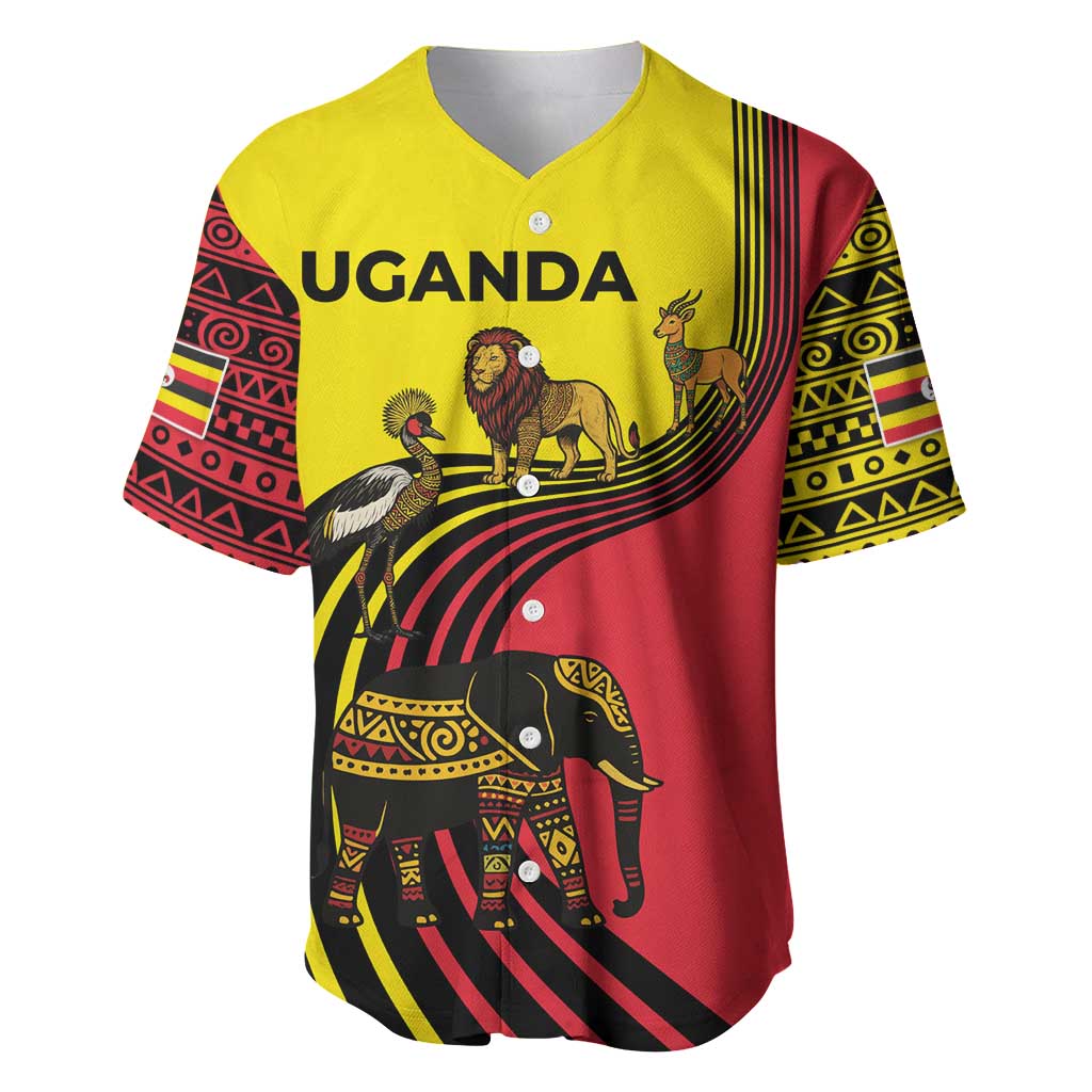 Uganda Baseball Jersey with African Wildlife Elephant Lion and Crane in Tribal Pattern Design