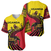 Uganda Baseball Jersey with African Wildlife Elephant Lion and Crane in Tribal Pattern Design
