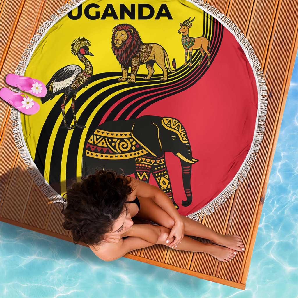 Uganda Beach Blanket with African Wildlife Elephant Lion and Crane in Tribal Pattern Design