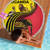 Uganda Beach Blanket with African Wildlife Elephant Lion and Crane in Tribal Pattern Design
