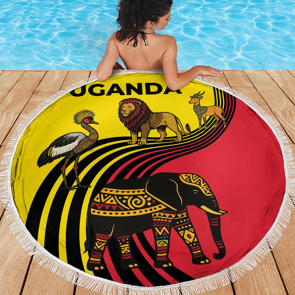 Uganda Beach Blanket with African Wildlife Elephant Lion and Crane in Tribal Pattern Design