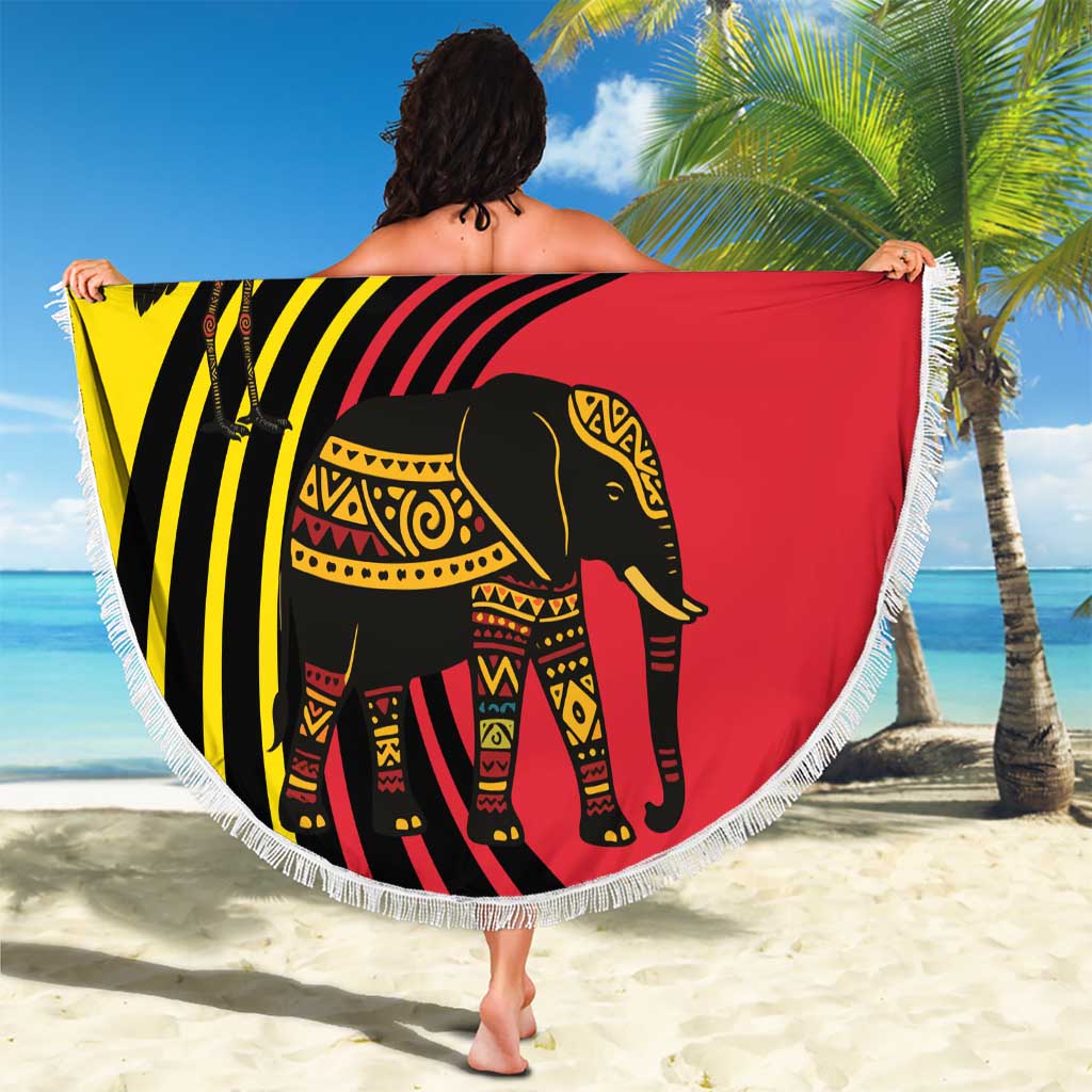 Uganda Beach Blanket with African Wildlife Elephant Lion and Crane in Tribal Pattern Design