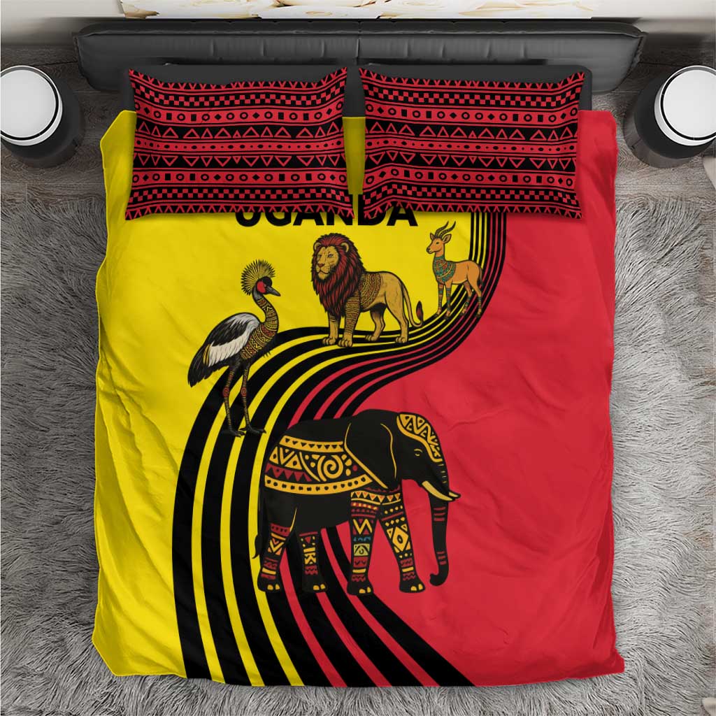 Uganda Bedding Set with African Wildlife Elephant Lion and Crane in Tribal Pattern Design